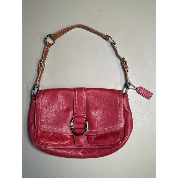 Vintage Coach Chelsea Red Pebbled Leather With Brown Strap With Flap - Picture 1 of 16